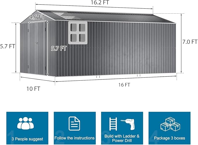 Restland 10x16 FT Outdoor Storage Shed Reinforced Frame Metal Shed with Clear Roof, Air Vent & Lockable Door Large Garden Tool Storage Sheds for Backyard, Garden, Lawn