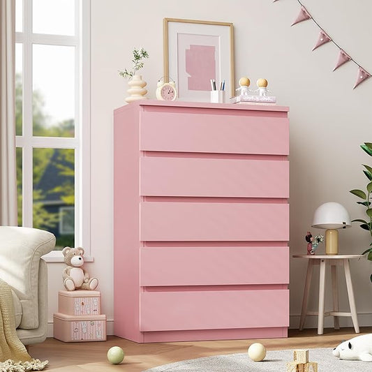 Modern Pink 5 Drawer Dresser for Bedroom, 15" D x 23.7" W x 40.4" H in Simply Chest of Drawers, Wood Storage Dresser with Deep Drawers for Living Room Hallway Entryway, Pink