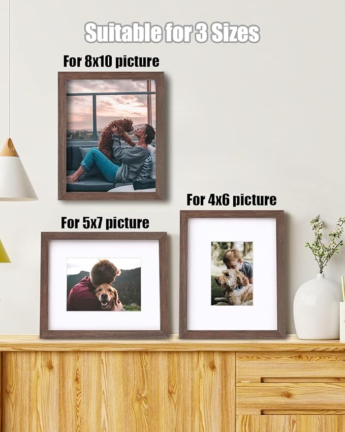 Egofine 8x10 Picture Frame Made of Solid Wood with Plexiglass, Display Pictures 4x6/5x7 with Mat or 8x10 Without Mat for Tabletop and Wall Mounting, Rustic Brown