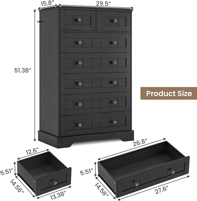 Hasuit Black Dresser for Bedroom, Farmhouse 7 Drawers Dresser, 51.4"Tall Dressers Chest of Drawers with Hand Carved Panel, Large Wood Closet Storage Organizers Dressers for Bedroom Living Room Hallway