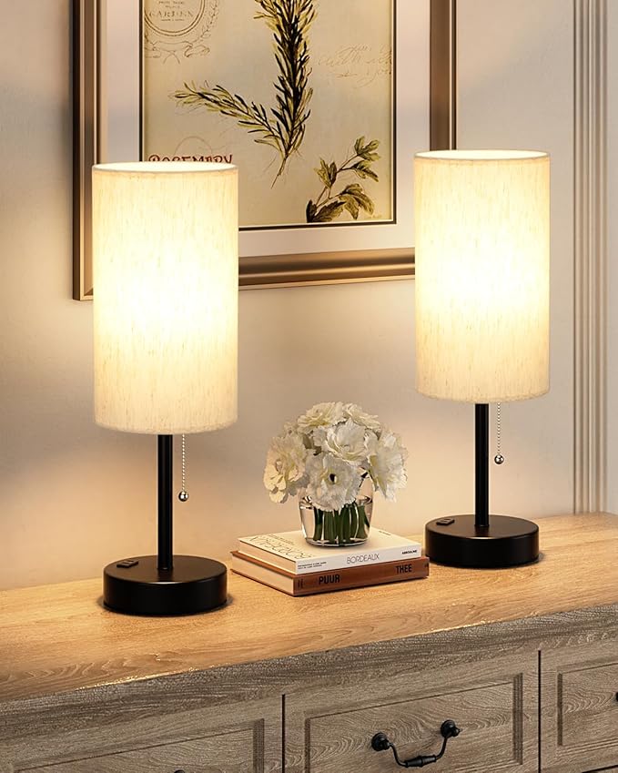 Plus Bedside Table Lamps Set of 2-3 Color Temperatures Pull Chain Lamp with AC Outlet Charging Port, Round Night Stand Lamps for Bedroom Guest Room Office, Bed Side Light with E26 LED Bulbs