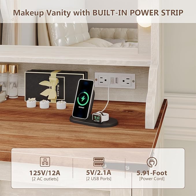 Farmhouse Makeup Vanity with 9 Drawer, Vanity Desk with Mirror and Lights 3 Colors, 75.2" Large Vanity with 2 Sliding RGB Barn Door,Storage Shelves,Power Outlets for Bedroom,Antique White