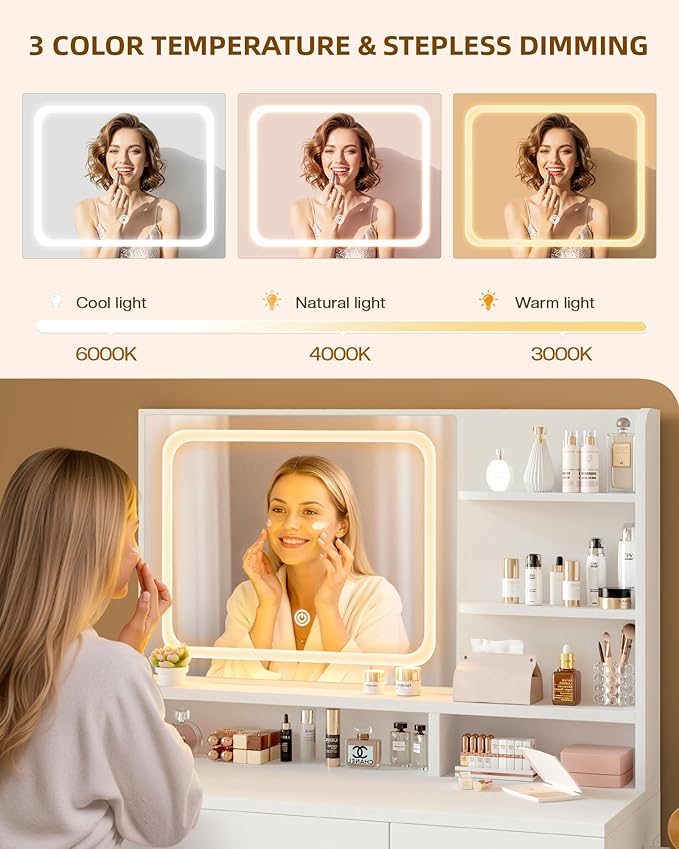 Makeup Vanity Desk Set, 35.4“Wx15.7”Dx53.9“H, White (Smart LED Mirror, with Cushion Stool, Hairdryer Rack, Power-Outlet, 4 Drawers, Open Shelves)