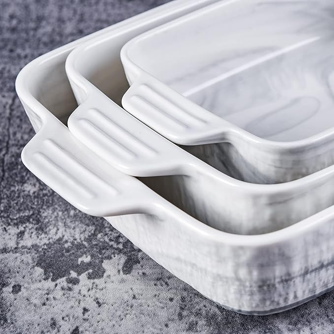 Yundu Grey Ceramic Bakeware Set of 3, Baking Pans Set, Casserole Dishes for Oven, Rectangular Lasagna Pans Deep with Handles for Baking Cake Kitchen(9.5"/12.4"/14.4")