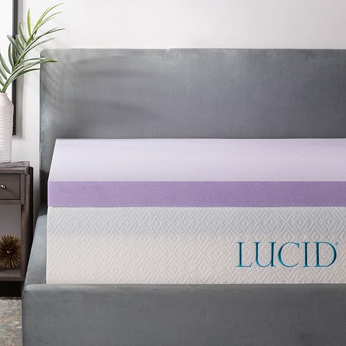 Lucid 3 Inch Lavender Infused Memory Foam Mattress Topper - Ventilated Design – Pressure Relieving Bed Topper - Mattress Pad – CertiPur Certified - Full Size