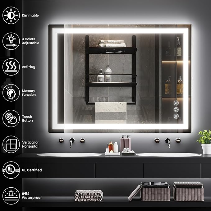 30"x 40" LED Mirror for Bathroom with Frontlit and Backlit, Anti-Fog, 3 Colors Temperature & Dimmable, Wall Mounted Bathroom Mirror