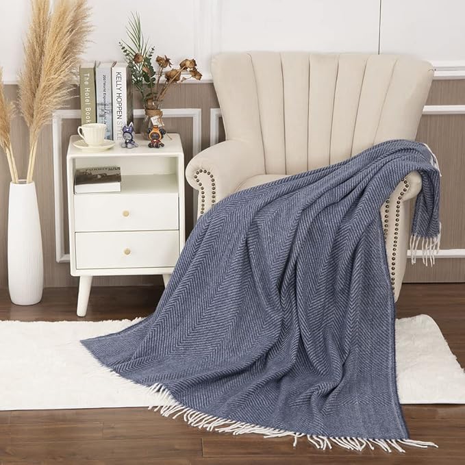 Gealaek Decorative Herringbone Faux Cashmere Throw Blanket Navy Blue Cheveron Fringe Lightweight Fuzzy Soft Cozy Throws for Sofa Bed Farmhouse Throw Blanket 50" x 60"