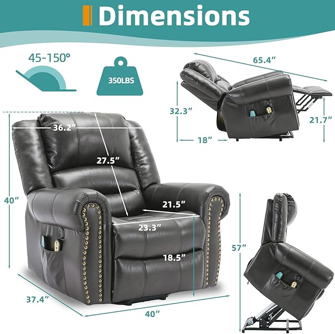 MEETWARM Large Power Lift Electric Recliner Chair for Elderly with Massage and Heat, Overstuffed Wide Recliner, Heavy Duty Sofa for Living Room with 2 Remote Control/USB Ports/Side Pockets(Gray)