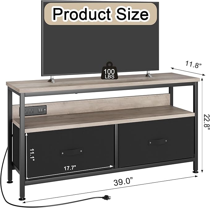 39" Dresser TV Stand for TVs up to 50", Media Console with LED Lights, Charging Station & 2 Drawer Storage Chest, Gaming Entertainment Center with Storage for Bedroom (Grey, 39 in)