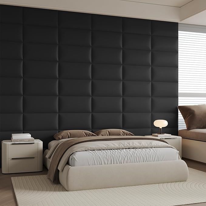 Black Stick-On Wall Mounted Headboard - 12-Piece Modular Bed Backboard for Queen Size Beds, 24 x 12 Inches Each, Easy-to-Install Sound-Proofing Decorative Bed Headboard Queen