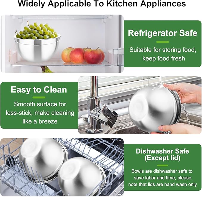 TeamFar Mixing Bowls with Airtight Lids, 5PCS Stainless Steel Metal Salad Bowl with 3 Grater Attachments, for Cooking, Prepping, Serving, Healthy & Easy Clean - 0.7/1/1.5/2.6/4.6QT, Khaki