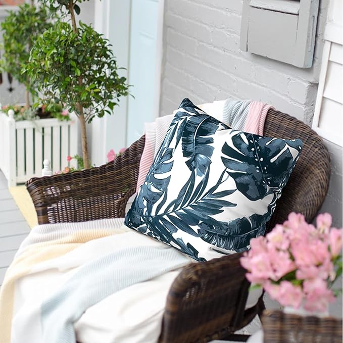 Outdoor Throw Pillow Covers 16x16 Inch, Square Patio Pillow Cases Pack of 2, Modern Decorative Back Cushion Covers for Patio Furniture Garden Couch Farmhouse, Palm Blue