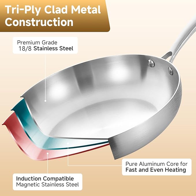 Inqibee 10 Inch Tri-Ply Stainless Steel Frying Pan,Skillet,Stir-Fry Induction Cooking Pan,Dishwasher and Oven Safe,Riveted Handle