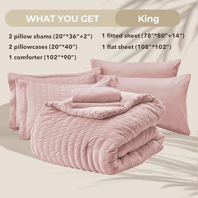 HYMOKEGE Rose Gold King Size Comforter Set Seersucker 7 Pieces, All Season Luxury Bed in a Bag for Bedroom, Bedding Set with Comforters, Sheets, Pillowcases & Shams