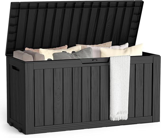 72 Gallon Outdoor Storage Box, Waterproof Deck Box with Handles and Lockable Lid, Resin Patio Storage Box with Hydraulic Rods for Garden Tools, Cushions, Black