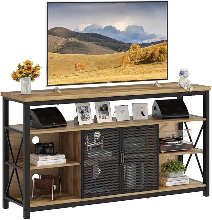 BON AUGURE Tall TV Stand for 65 55 Inch TVs, Industrial Entertainment Center with Storage Cabinet, Wood Farmhouse TV Media Console for Living Room and Bedroom (32 Inch High, Vintage Oak)