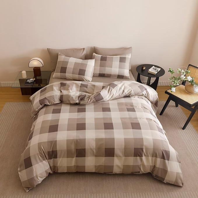 Cottonight Checkered Khaki Comforter Set Cal King Gingham Grid Bedding Set Khaki and Cream Coffee Grid Comforter Fluffy Soft Blanket Quilts Modern Cottagecore Comforter California King Bed