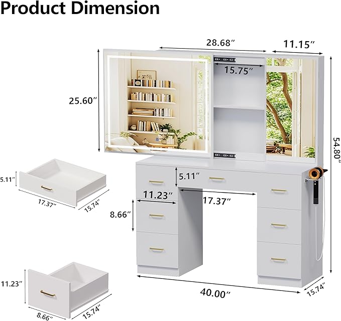 Vanity Desk with Lighted Mirror, Charging Station and Hairdryer Holder, Glass Top Makeup Vanity with Adjustable LED Lights, White Vanity Table with Sliding Mirror & Hidden Storage (No Stool)