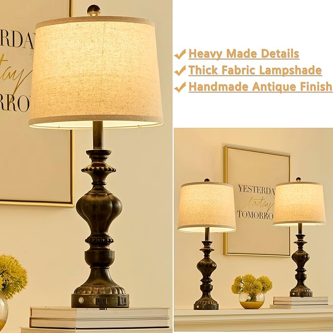 27.5" Farmhouse Table Lamps Set of 2 Bedside Lamp with USB C+A Ports & AC Outlet, 3 Way Dimmable Touch Lamps for Living Room Bedroom Office Hallway Rustic Nightstand Traditional Lamp