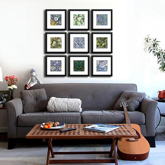 8x8 Picture Frame Set of 9 for Pictures 5x5 with Mat or 8x8 Without Mat, Wall Gallery or Tabletop display Photo Frames in Black