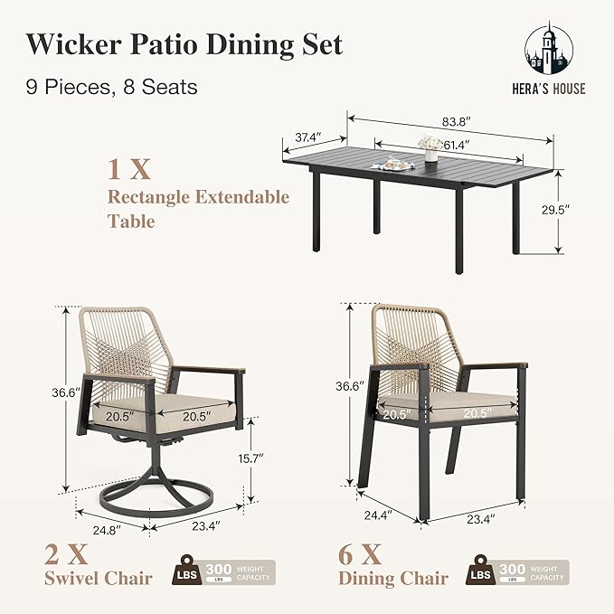 HERA'S HOUSE 9 Pieces Patio Table and Chairs Set, Outdoor Dining Set for 8, 2 x Cushioned Swivel Chairs and 6 x Fixed Chairs, 1 x Extendable Dining Table, Patio Dining Set for Lawn Garden Backyard