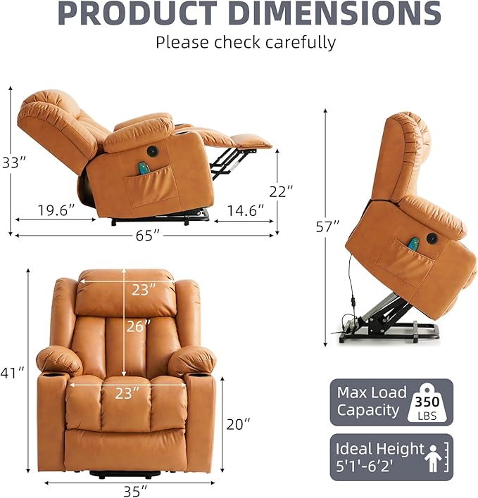 Power Lift Recliner Chair for Elderly, Electric Recliner Chairs for Adults with Massage and Heat, Cup Holders, Remote Control, USB Ports, Side Pockets, Leather (Bright Orange) ﻿