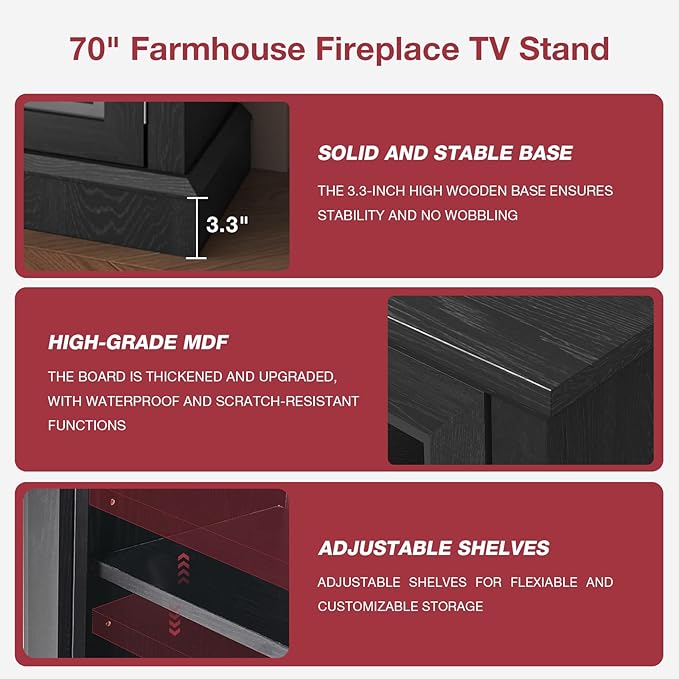 oneinmil 36 Inch 3-Sided Glass Fireplace TV Stand for TVs up to 80", Rustic Media Entertainment Center Console Table with Glass Door Closed Storage, Set of TV Table, Black