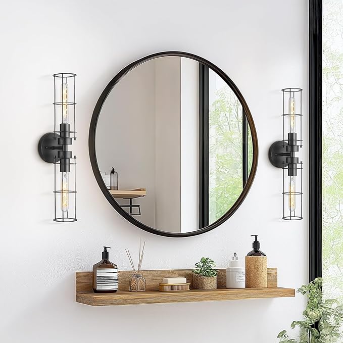 Emak 22 Inch Black Bathroom Light Fixtures Over Mirror, Modern Industrial 2 Light Vanity Light with Metal Shade, Farmhouse Cylinder Wall Sconces for Bathroom, Hallway, VL085-BK-MT-2