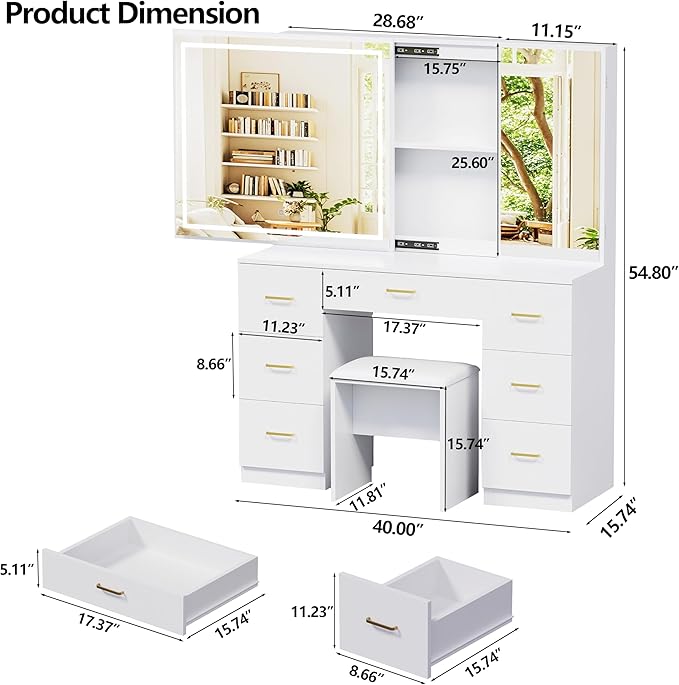 Vanity Desk with Lighted Mirror, Makeup Vanity with Sliding Jewelry Storage & Cabinet, White Vanity Set with Adjustable Brightness, Dressing Table with 7 Drawers (Jewelry Storage & Stool)