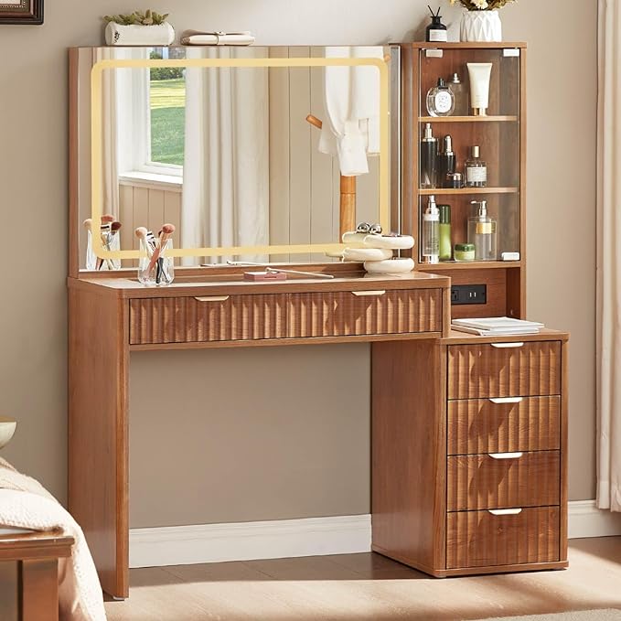 LEYAOYAO Vanity Desk with Mirror and Lights, 43.5'' Fluted Makeup Vanity with 6 Drawers and Adjustable Shelves, Wood TC Make Up Vanity Dressing Table with Glass Top and Power Outlet for Bedroom