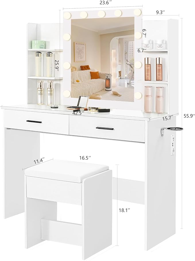 Vanity Desk with Mirror and Lights, 3-Color Lights Adjustable Brightness, White Vanity Makeup Desk with Drawer & Charging Station, Large Dressing Table Make Up for Bedroom