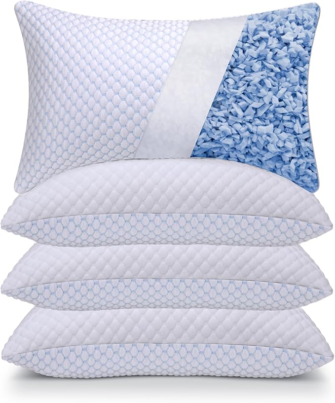OSBED Cooling Adjustable Shredded Memory Foam Pillows Queen Size Set of 4 - Temperature-Regulating for All Sleepers with Dual Airflow Ventilation(CertiPUR-US & Hypoallergenic & Machine Washable)