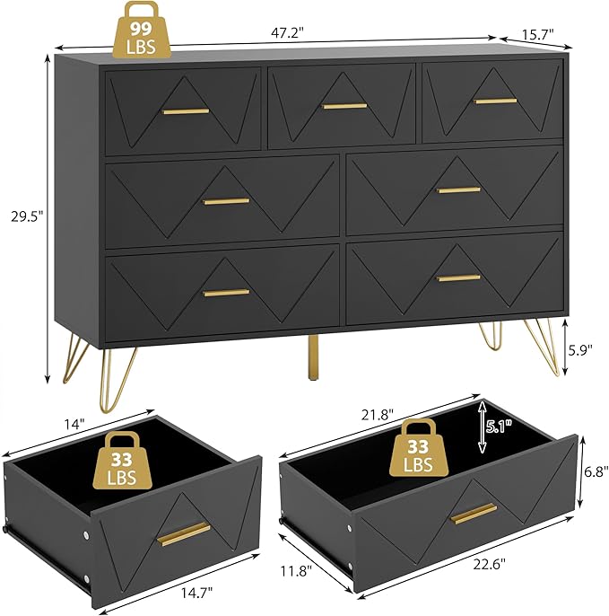 Black Dresser for Bedroom, 7 Drawer Dresser with Golden Handles, Wood Modern Chest for Hallway, Entryway