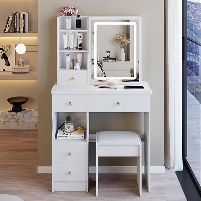 29.2" Small Vanity Desk with Mirror and Lights, Makeup Table with Led Lights and Sliding Mirror, 3 Lighting Colors, Vanity Set with 5 Drawers and Stool for Small Space Bedroom, White
