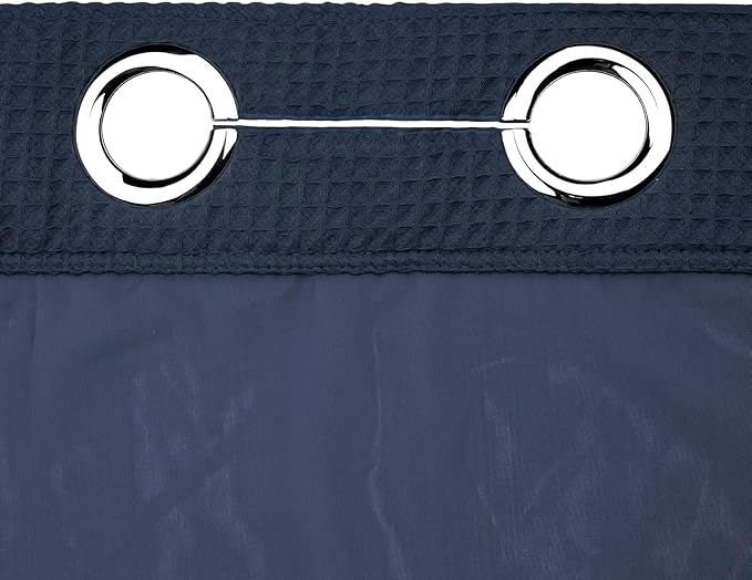 River Dream Navy Blue Fabric Shower Curtain Set, Cotton Blend, Waffle Weave, with Snap in Replacement Liner，71 x 74 inches