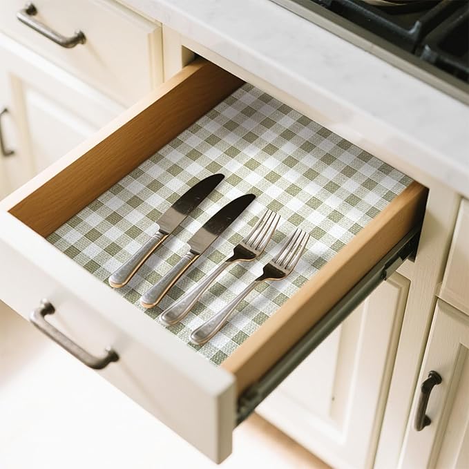Drawer Liner and Shelf Liner for Kitchen Cabinet Liner Non-Adhesive Non-Slip Shelf Paper, Thick Strong Grip Waterproof Easy to Clean for Shelves, Cupboard, Desks, Green Plaid Pattern, 12 in x 40 FT