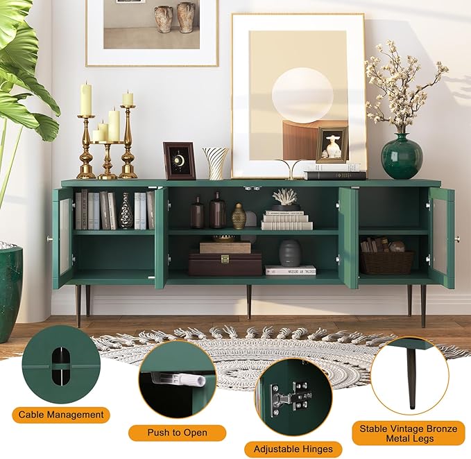 TV Stand for TVs up to 75 Inches, Mid Century Modern Entertainment Center with 3D Flower Pattern, Wood Media Console with 2 Fluted Glass Doors, Storage Cabinet for Living Room, Green