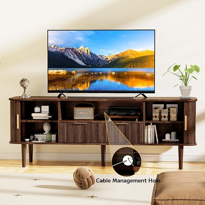 TV Stand 62.4 Inch Mid Century Modern Media Console Table with Drawer Shelves Sliding Tambour Door Farmhouse Sideboard Buffet Cabinet Fits TVs up to 75 inch Fluted Wood Entertainment Center