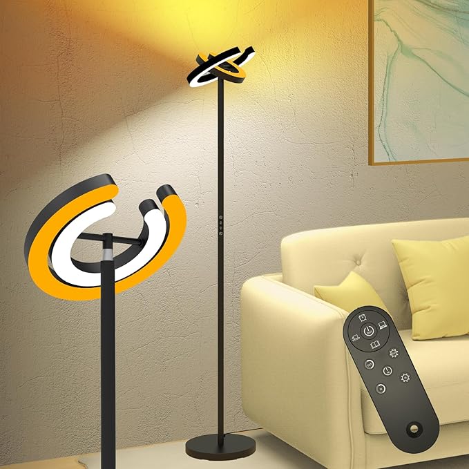 Floor Lamp for Living Room, 75.5 Inch Tall Standing Lamp for Bedroom with 2 312° Rotatable Ring Lights, 36W Bright Stepless Dimmable LED Floor Light with Remote Control for Office Dining Room