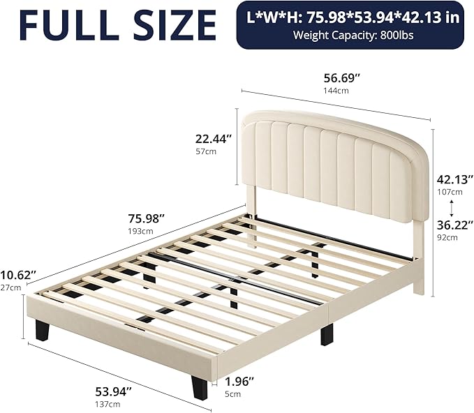 Cozy Castle Full Size Bed Frame, Upholstered Platform Bed with Velvet Adjustable Curved Headboard, Mattress Foundation with Strong Wooden Slats, No Box Spring Needed, Easy Assembly, Cream