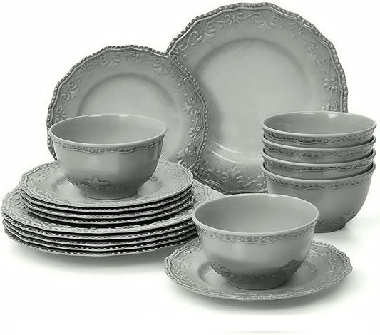 TP 18-Piece Dinnerware Set, Melamine Dishes Set with Bowls and Plates, Service for 6, Non-breakable Lightweight Dining Tableware, Grey