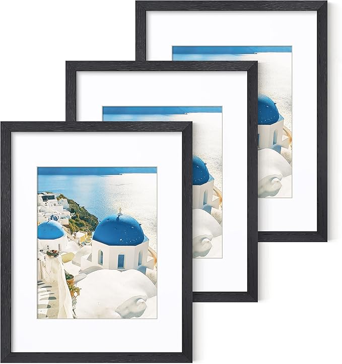 Axeman 11x14 Picture Frame with Mat for 8x10, Solid Oak Wood Picture Frames with Tempered Glass, Natural Wooden 11x14 inch Photo Frame for Wall with Wall Hook Included, Set of 3, Black