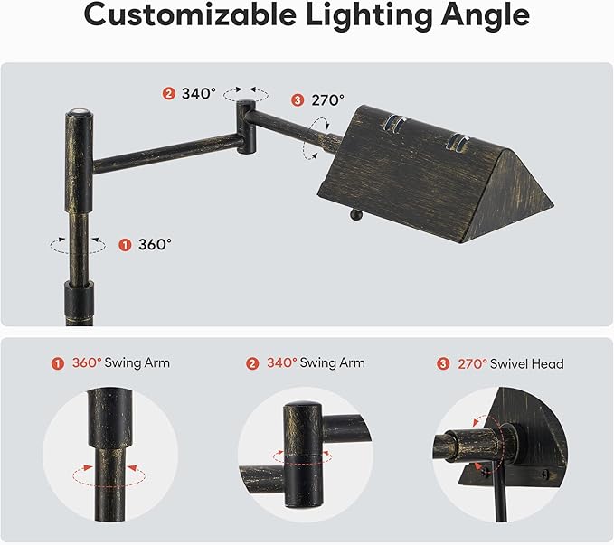 VONLUCE Dimmable LED Floor Lamp, 56" Floor Lamp for Living Room with Adjustable Height Swing Arms 3 Color Temperatures, Industrial Standing Pole Lamp for Bedroom Reading, Rustic Black