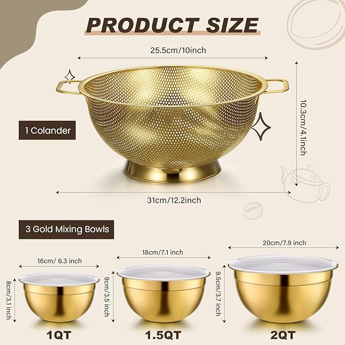 Baderke 7 Pcs Gold Kitchen Accessories Includes Stainless Steel Colander with Handles, 3 Gold Mixing Bowls with Airtight Lids and 3 Fine Mesh Strainer(Colander: 4 Qt, Mixing Bowls: 1/1.5/2 Qt)