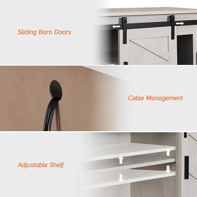 WAMPAT Modern Wood Entertainment Center for ups to 100 inch TV, Set of Two 70" Sliding Barn Door Media TV Console Table with Storage Shelf for Living Room Bedroom，Antique White