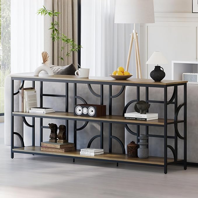 70.9-Inch Industrial Sofa Table, Extra Long Console Table Behind Couch with 3-Tier Storage Shelves, Rustic Brown Finish for Entryway, Living Room, Foyer, Hallway, and Office