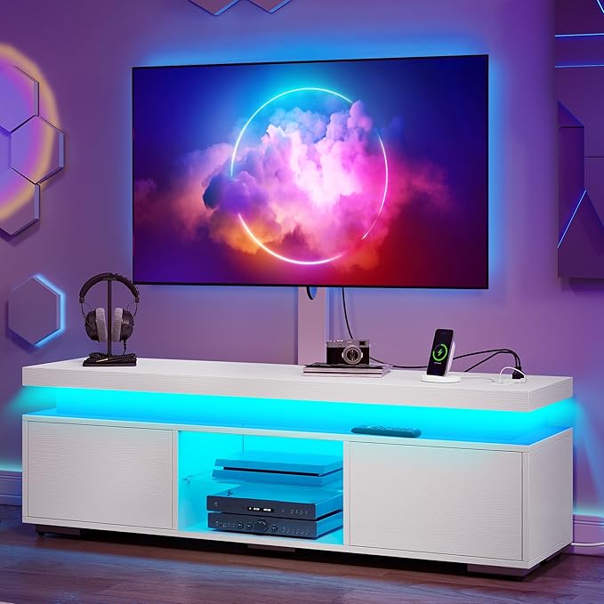 YITAHOME White TV Stand for Living Room, LED Entertainment Center with Storage, Height-Adjustable Mount TV Stand for 70/65 Inch TVs, Media Cabinet with LED Lighting and Charging Ports, White