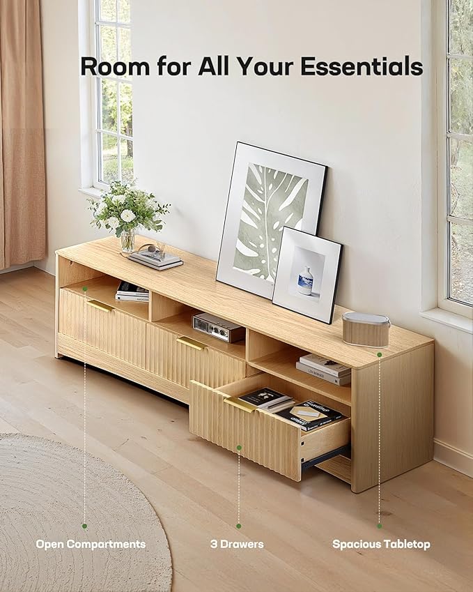 Marsail 59″ Wide TV Stand for TVs Up to 65″, Modern Entertainment Center with Fluted Panels, 3 Easy-Sliding Drawers, Open Shelves & Cable Hole, 3-Tier TV Stands for Living Room & Bedroom, Natural Oak