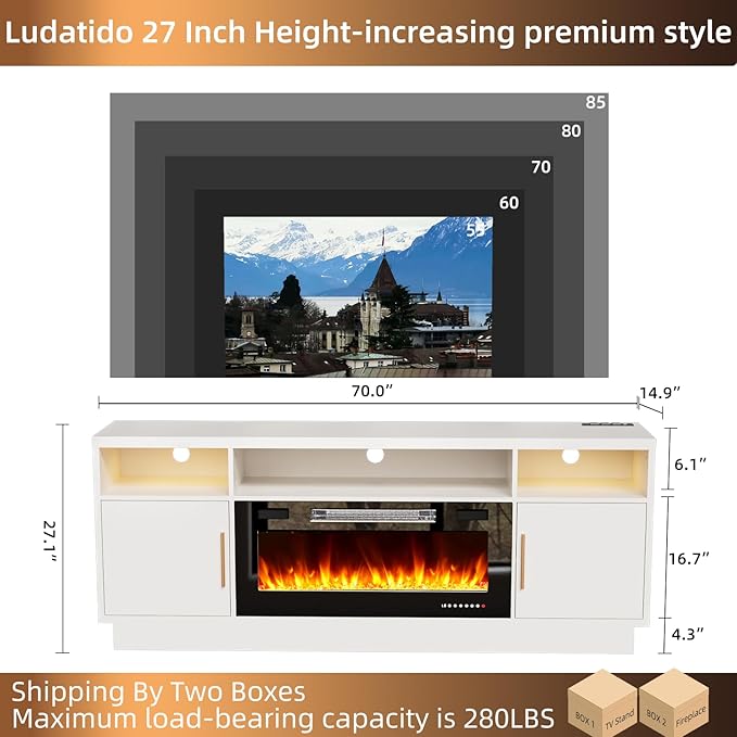 Ludatido 70 Inch Premium TV Stand with 36 inch Electric Fireplace 27 Inch high LED Light Entertainment Center Easy to Assemble for TVs Up to 85'' with USB&AC Power Interface Black