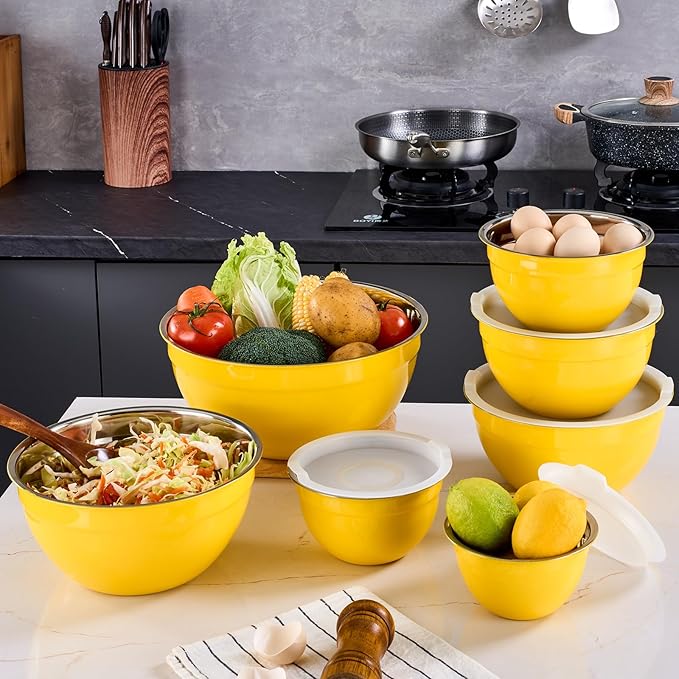 Yellow Mixing Bowls With Airtight Lids,Stainless Steel Bowl,Salad Bowls 7 Piece Colorful Nesting Bowl Yellow Kitchen Accessories,Size 7,3.6,2.7,2.1,1.5,1.1,0.8QT Stackable Design
